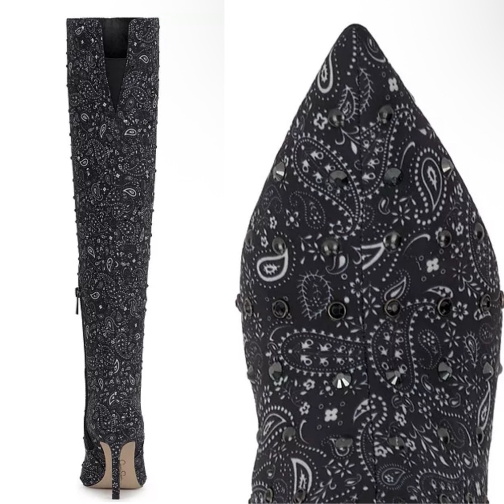 Jessica Simpson Earon Over The Knee Boot in Midnight Black White Bandana Stud - Picture 2 of 9